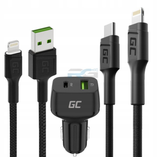 Nabíječka do auta 48 W — Apple iPhone, USB-C 30 W, USB-A 18 W, 2x kabel Lightning (120 cm, 100 cm), černý