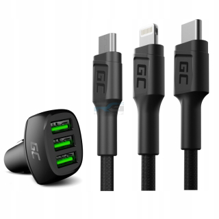 Nabíječka do auta GC PowerRide 54 W — 3x USB-A 18 W, kabely USB-A–USB-A, USB-C, Micro USB, černý