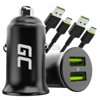 Nabíječka do auta PowerRide Nano36 — 2x USB-A 36 W, 2x kabel USB–USB-C 1.2 m LED, černý