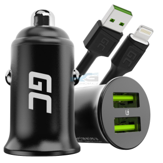 Nabíječka do auta PowerRide Nano36 — 2x USB-A 36 W, kabel USB–Lightning 1.2 m LED, černý
