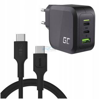Nabíječka PowerGaN 65 W — 2x USB-C, 1x USB-A, kabel USB-C 1.2 m 100 W, černý