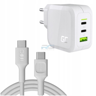 Rychlá nabíječka PowerGaN 65 W — 2x USB-C, 1x USB-A, kabel USB-C 2 m 100 W, bílá