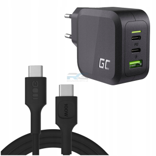 Rychlá nabíječka PowerGaN 65 W — 2x USB-C, 1x USB-A, kabel USB-C 2 m 100 W, černý