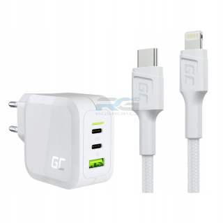 Rychlá nabíječka PowerGaN 65 W — 2x USB-C, 1x USB-A, kabel USB-C–Lightning MFi 1 m, bílý