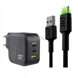 Sada nabíječka GC PowerGaN 65W — 2x USB-C + 1x USB-A, kabel GC Ray USB-A - USB-C LED 1.2 m, černý
