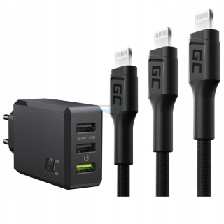 Síťová nabíječka ChargeSource3 30 W — 3x USB-A, 3x kabel GC Ray Lightning (30 cm, 120 cm, 200 cm) LED, černý