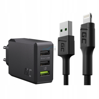 Síťová nabíječka ChargeSource3 30 W — 3x USB-A, kabel USB–Lightning 1.2 m, černý