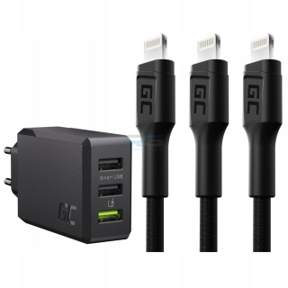 Síťová nabíječka GC ChargeSource3 30 W — 3x USB-A, 3x kabel GC Ray Lightning 120 cm LED, iPhone 13, 14, černý