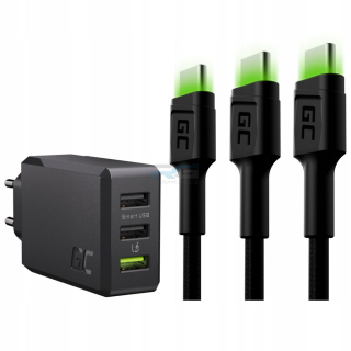 Síťová nabíječka GC ChargeSource3 30 W — 3x USB-A, 3x kabel GC Ray USB–USB-C 2 m, černý