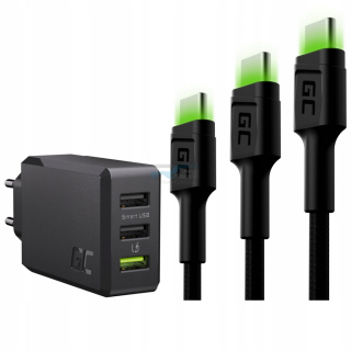 Síťová nabíječka GC ChargeSource3 30 W — 3x USB-A, 3x kabel GC Ray USB–USB-C (30 cm, 120 cm, 200 cm), černý