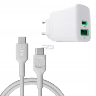 Síťová nabíječka PowerSource Duo30 30 W — USB-C, USB-A, kabel USB-C 1.2 m 100 W, bílý