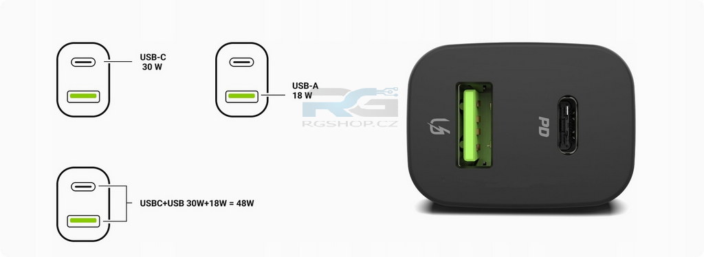 Nabíječka do auta 48 W — Apple iPhone, USB-C 30 W, USB-A 18 W, 2x kabel Lightning (120 cm, 100 cm), černý