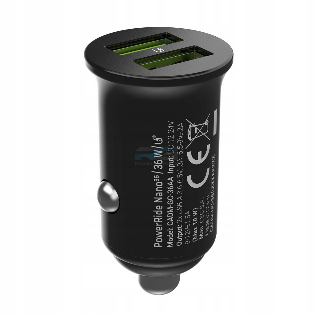 Nabíječka do auta PowerRide Nano36 — 2x USB-A, 36 W, 12V/24V, černý