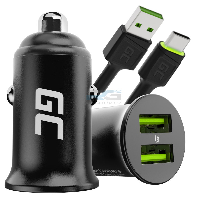 Nabíječka do auta PowerRide Nano36 — 2x USB-A 36 W, kabel USB–USB-C 1.2 m LED, černý