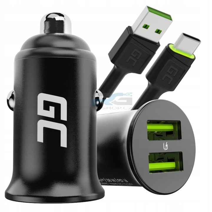 Nabíječka do auta PowerRide Nano36 36 W — 2x USB-A, kabel USB–USB-C 2 m LED, černý