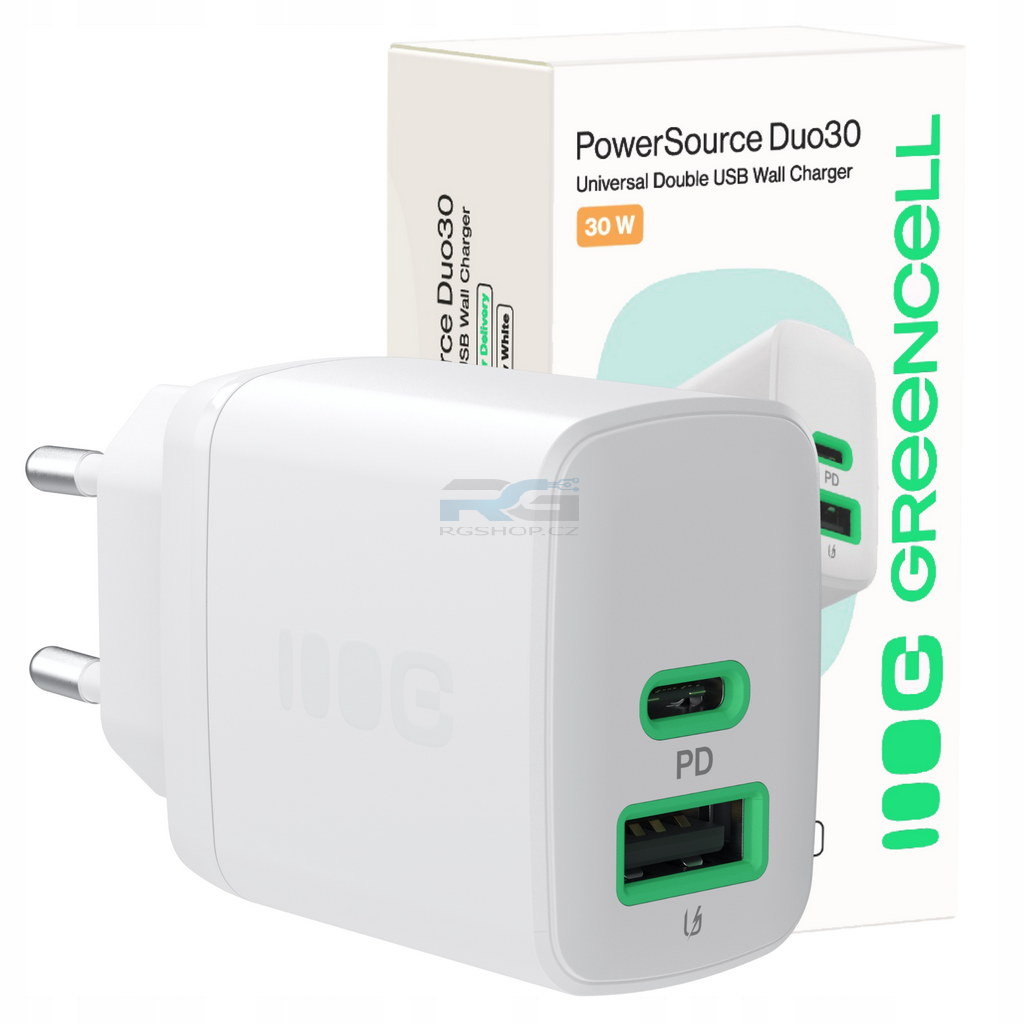 Nabíječka PowerSource Duo30 — rychlá síťová 30 W USB-C USB-A PD QC 3.0 Telefon