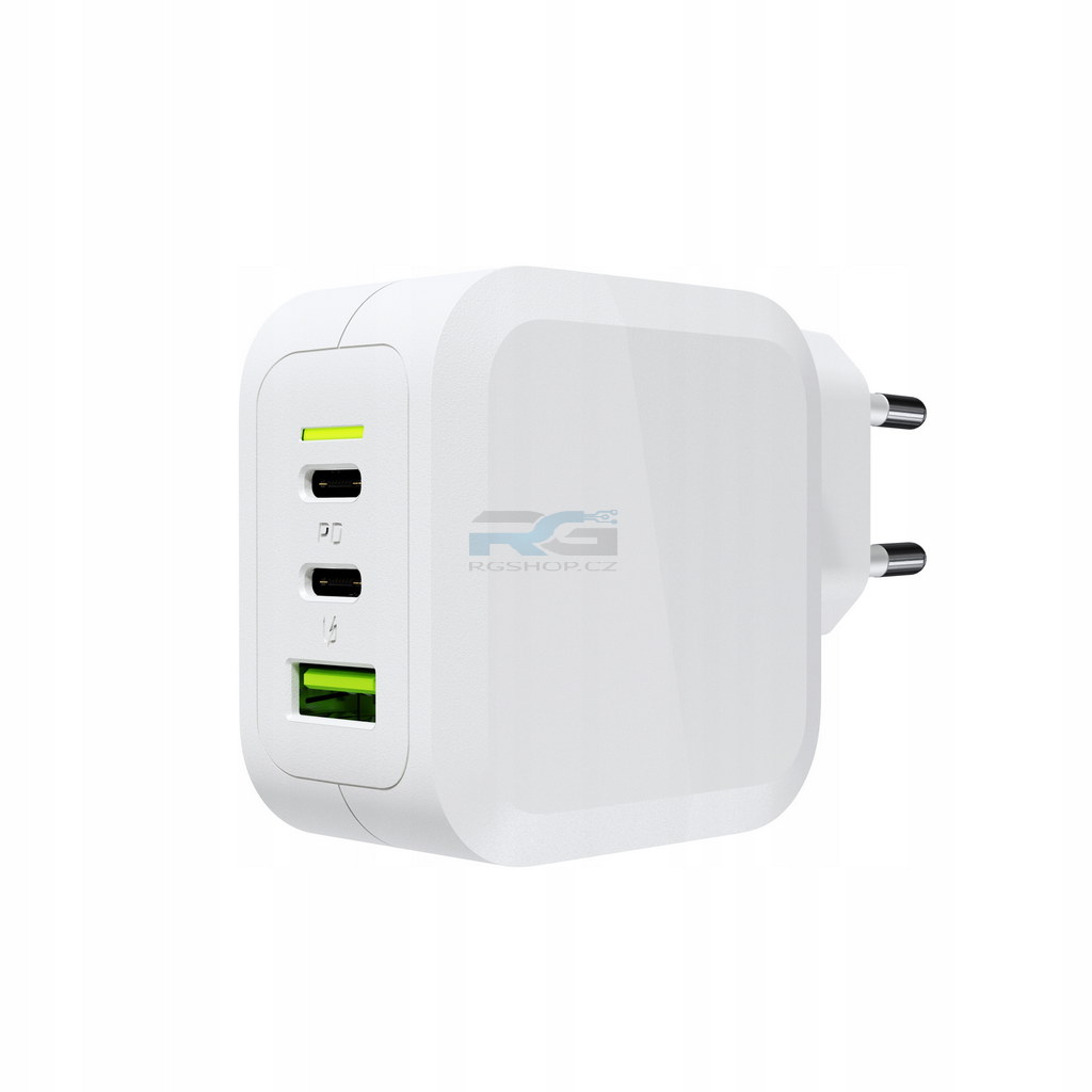 Rychlá nabíječka PowerGaN 65 W — 2x USB-C, 1x USB-A, kabel USB-C 2 m 100 W, bílá