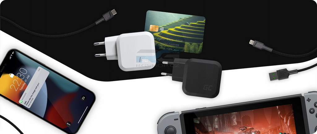 Rychlá nabíječka PowerGaN 65 W — 2x USB-C, 1x USB-A, kabel USB-C–Lightning MFi 1 m, bílý