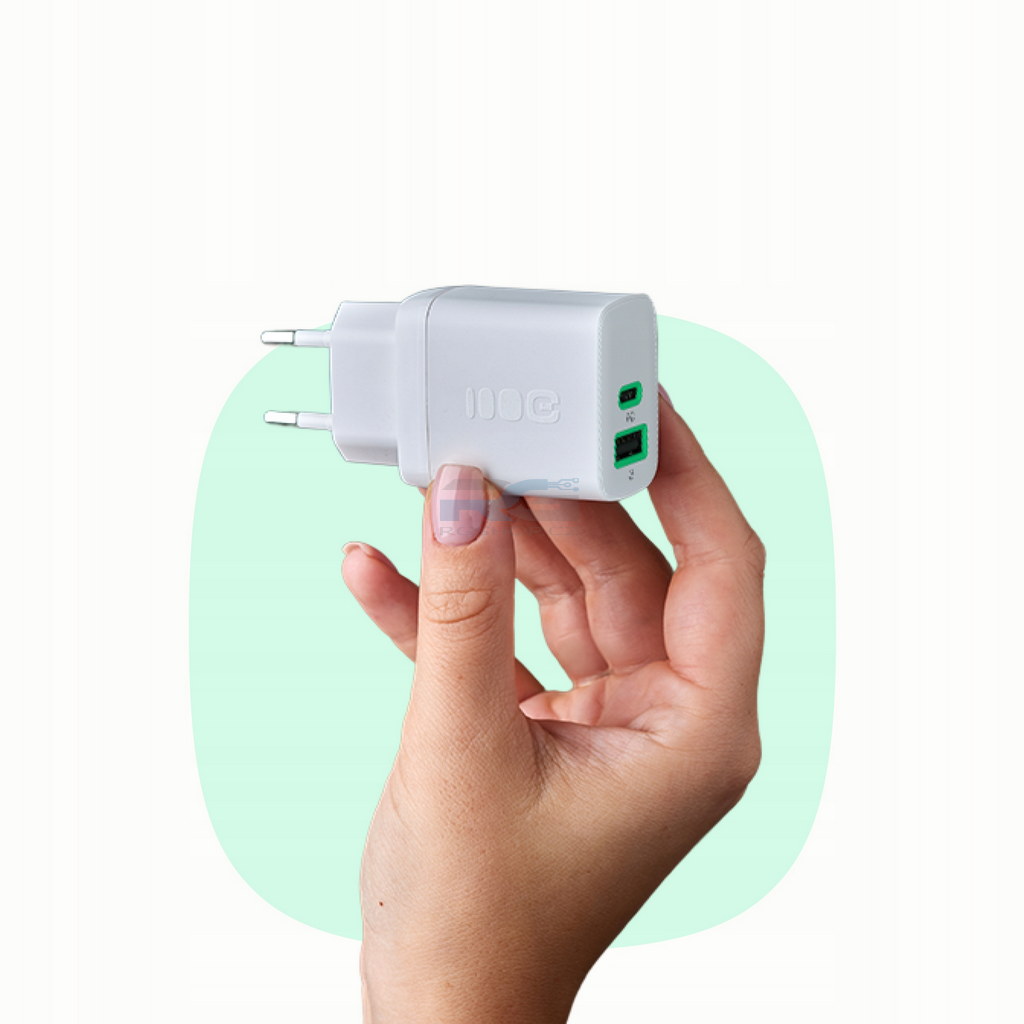Síťová nabíječka PowerSource Duo30 30 W — USB-C, USB-A, kabel PowerFlex USB-C 2 m 100 W, bílý