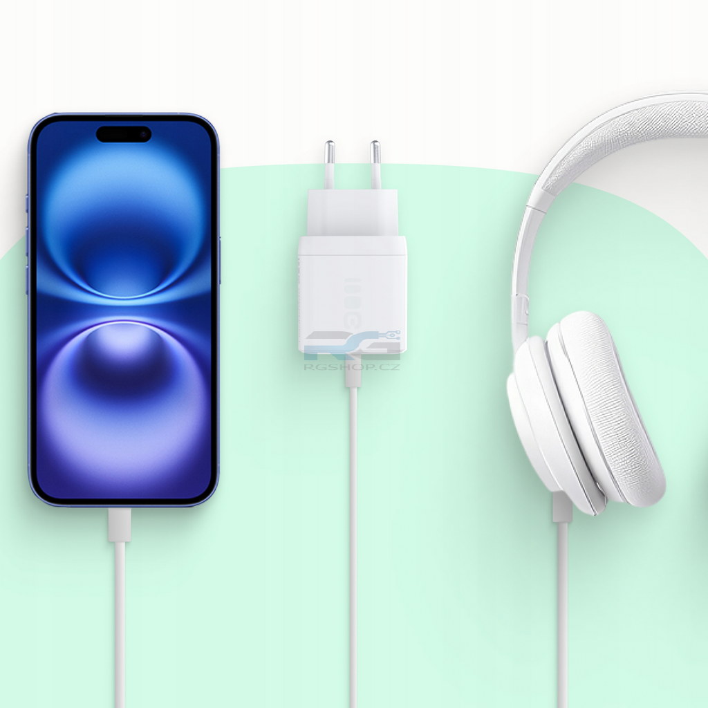 Síťová nabíječka PowerSource Duo30 30 W — USB-C, USB-A, kabel PowerFlex USB-C 2 m 100 W, bílý