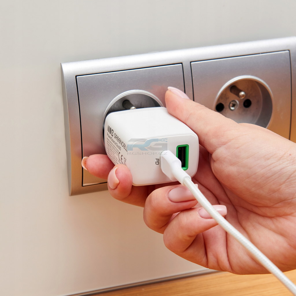 Síťová nabíječka PowerSource Duo30 30 W — USB-C, USB-A, kabel PowerFlex USB-C 2 m 100 W, bílý
