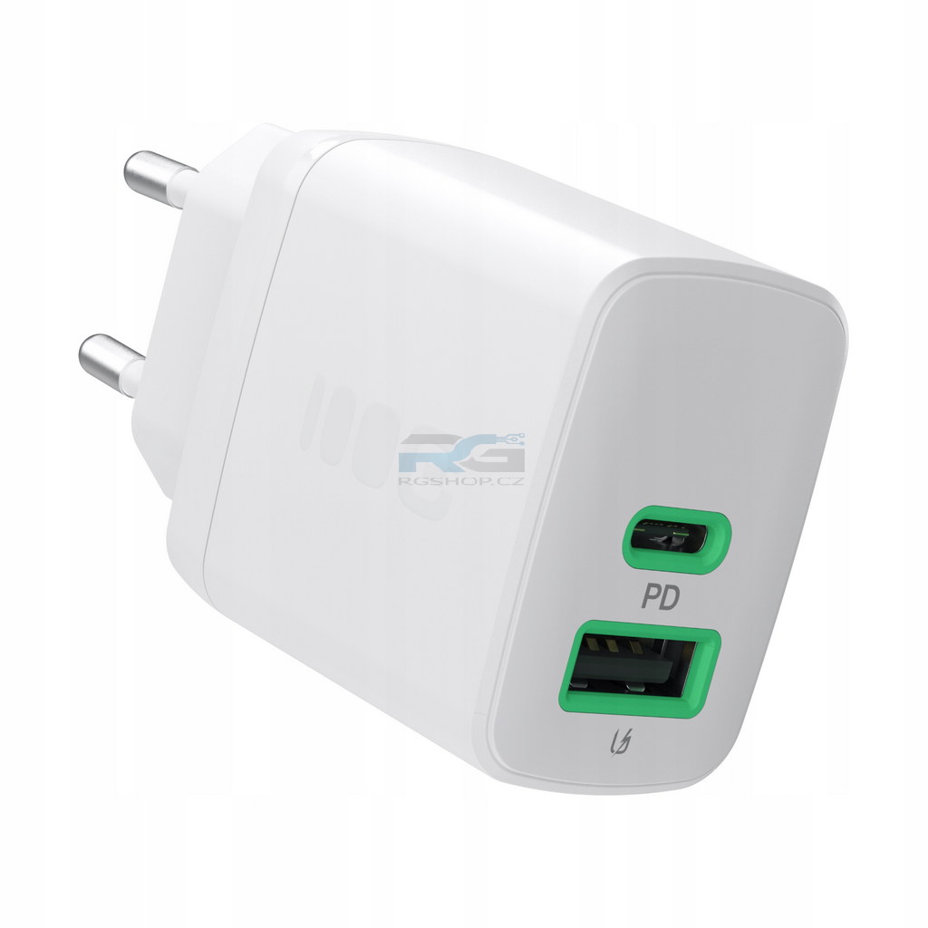 Síťová nabíječka PowerSource Duo30 30 W — USB-C, USB-A, kabel USB-C 1.2 m 100 W, bílý