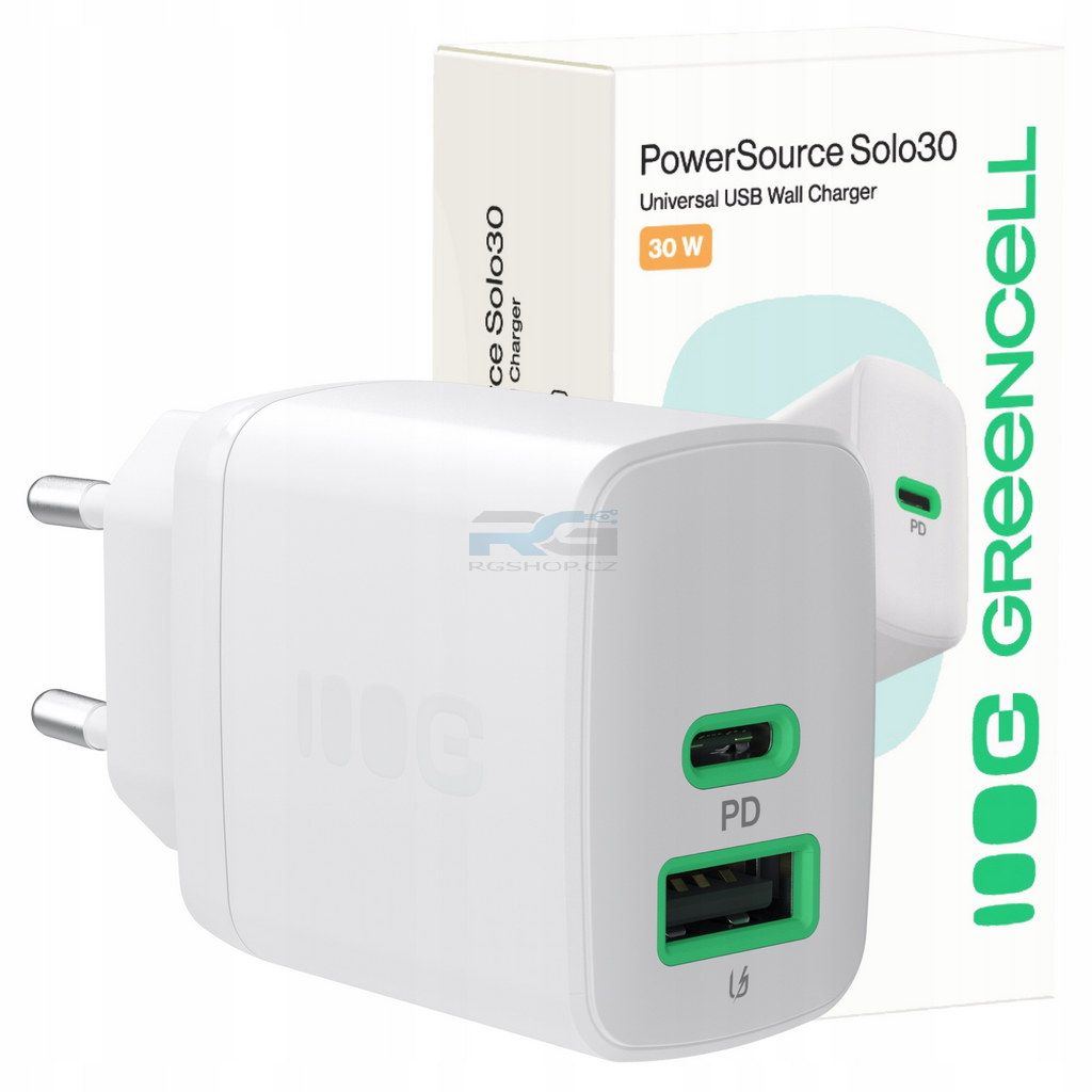 Síťová nabíječka PowerSource Duo30 30 W — USB-C, USB-A, kabel USB-C 1.2 m 100 W, bílý
