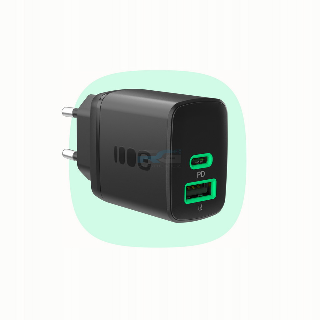 Síťová nabíječka PowerSource Duo30 — USB-C, USB-A, 30 W + kabel USB-C 1.2 m 100 W, černý